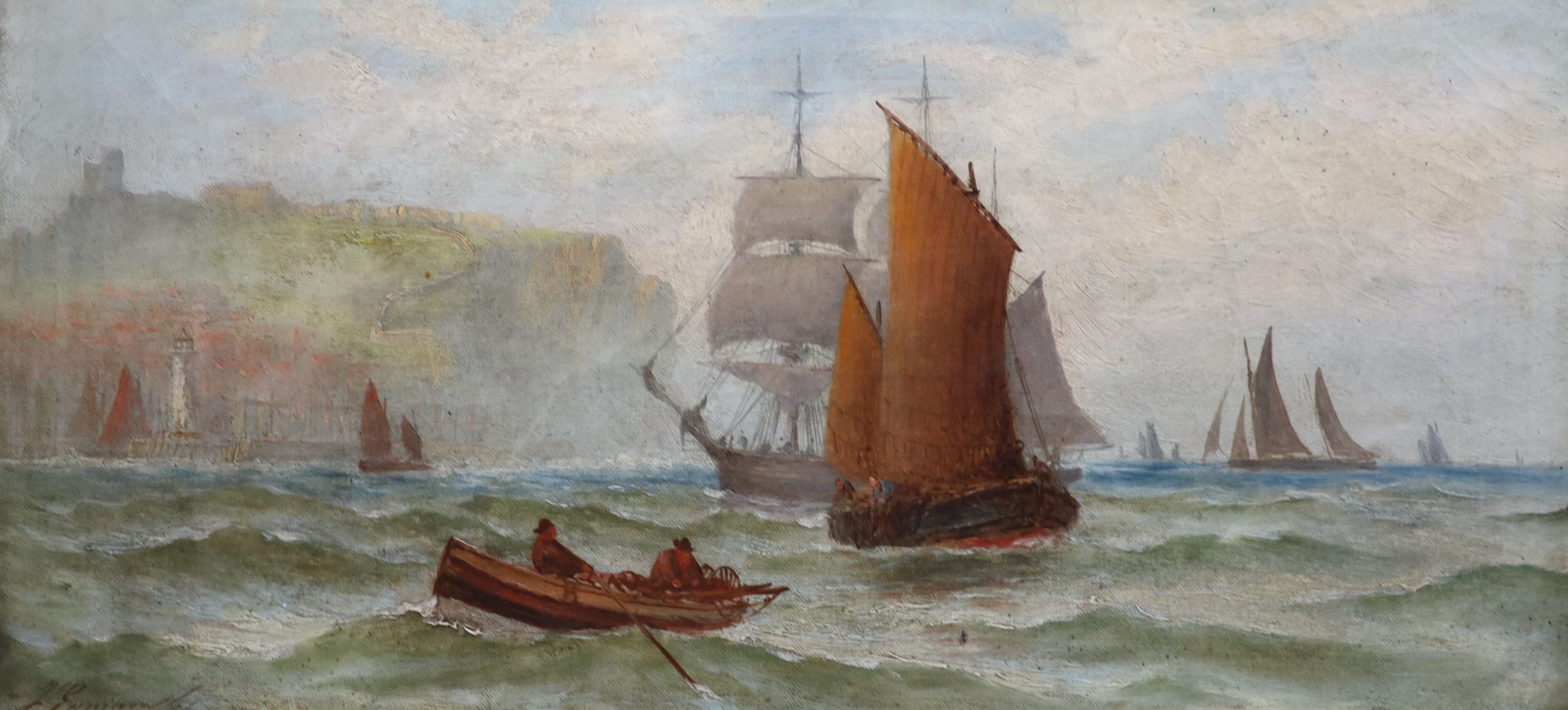 Joseph Eaman (1853-1907), Off Scarborough & Whitby, pair of oils on canvas, 29 x 60cm.